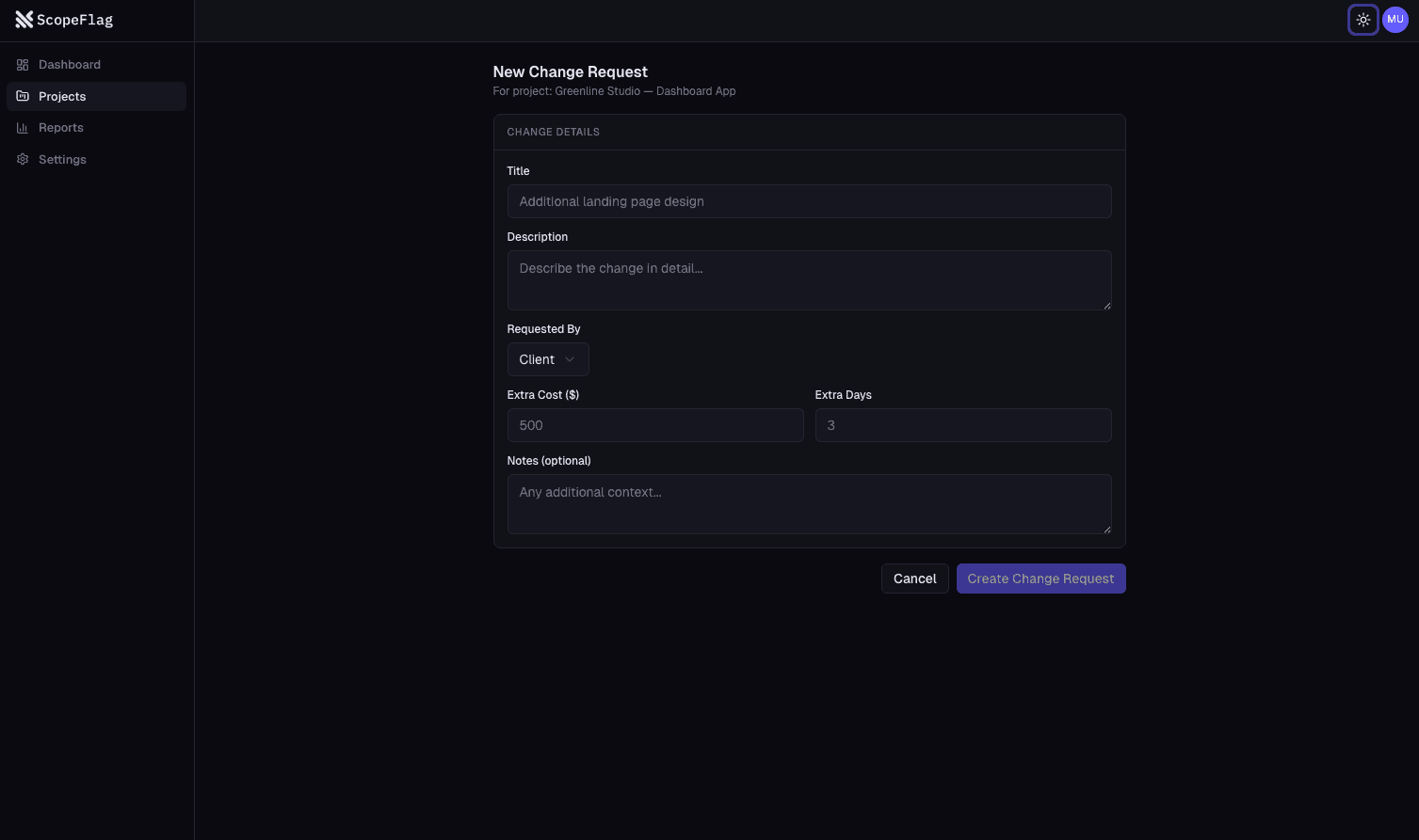 ScopeFlag change request approval workflow with cost impact