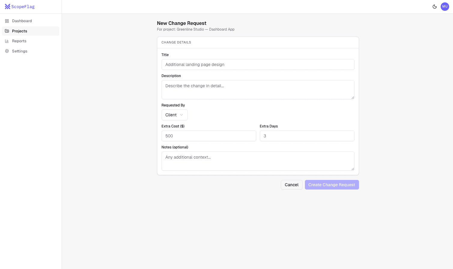 ScopeFlag change request approval workflow with cost impact
