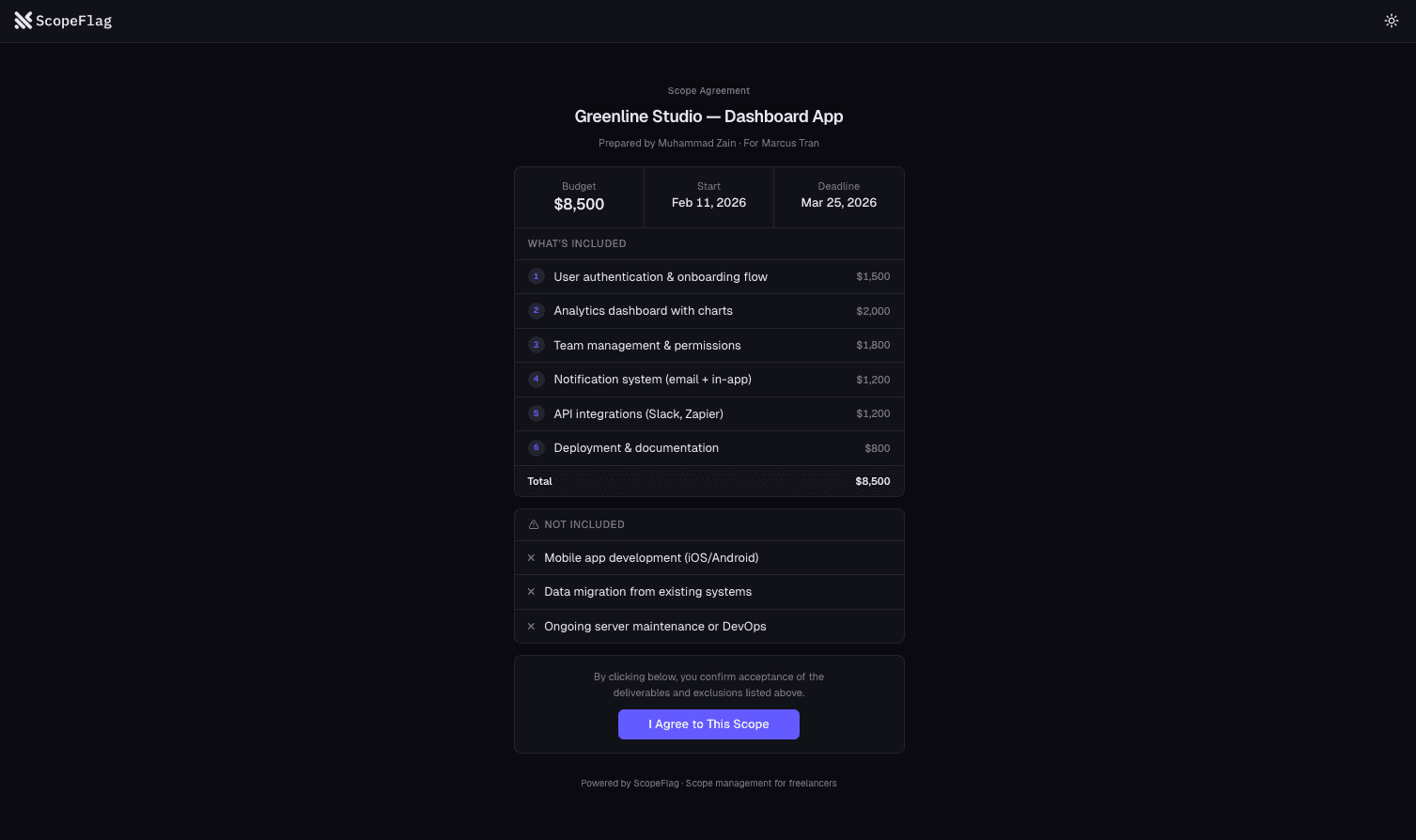 ScopeFlag scope agreement page with deliverables and client sign-off