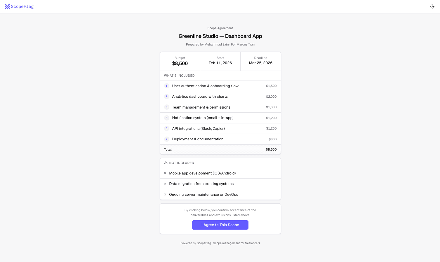 ScopeFlag scope agreement page with deliverables and client sign-off