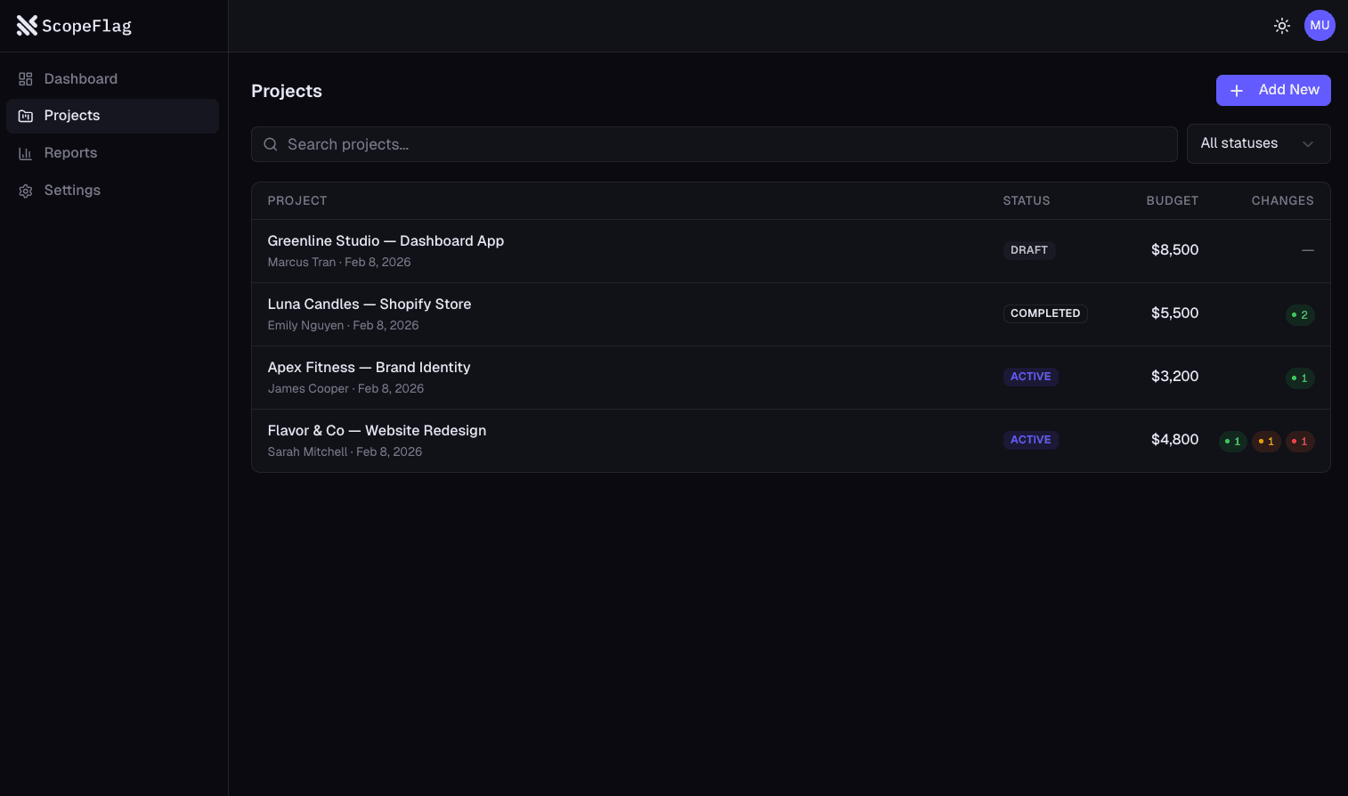 ScopeFlag scope agreement page with deliverables and client sign-off