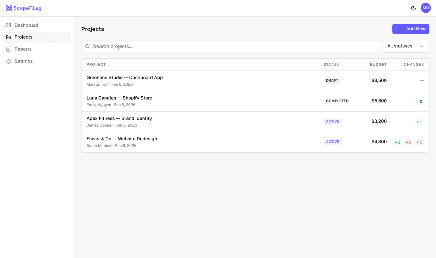 ScopeFlag scope agreement page with deliverables and client sign-off